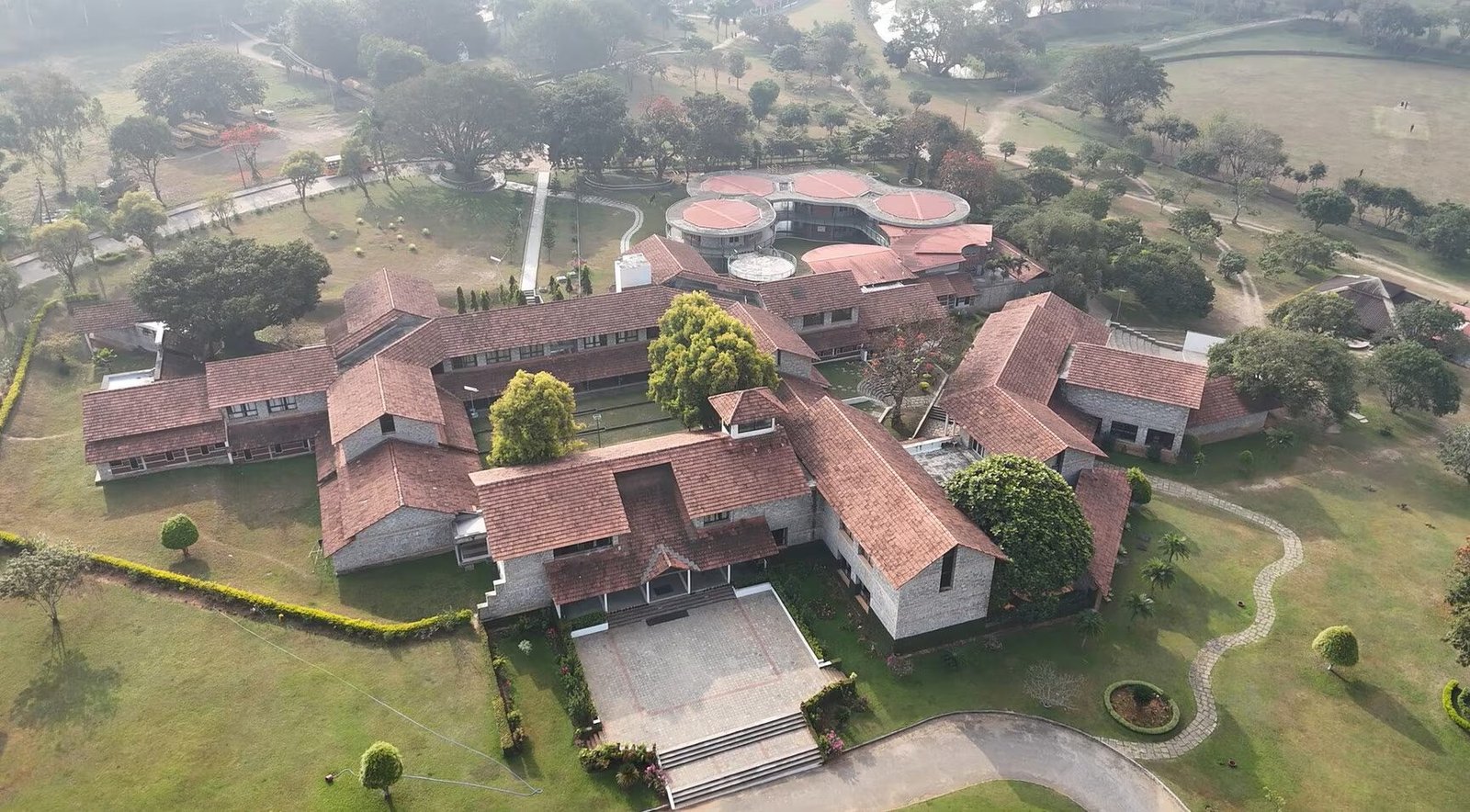 Aerial view of the 45-acre Amber Valley Residential School campus in Chikmagalur